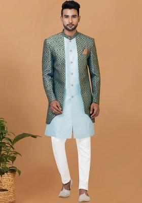 Sky Blue Printed Silk Indowestern Sherwani Set For Men