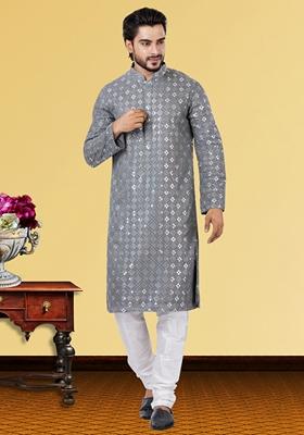 Grey Solid Georgette Kurta Set For Men