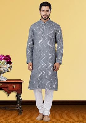 Grey Solid Georgette Kurta Set For Men