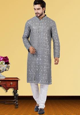 Grey Solid Georgette Kurta Set For Men