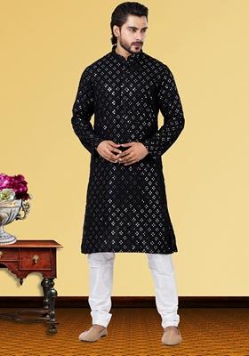Black Solid Georgette Kurta Set For Men