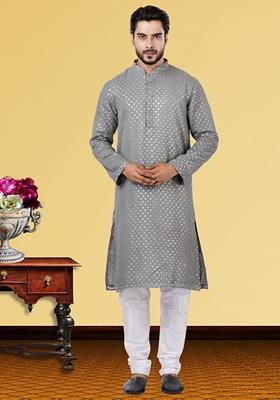 Grey Solid Georgette Kurta Set For Men