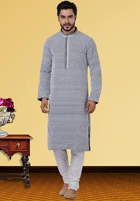 Grey And White Solid Georgette Kurta Set For Men