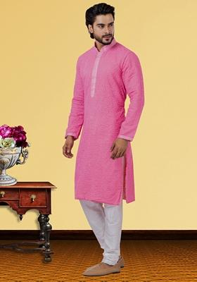 Pink Solid Georgette Kurta Set For Men