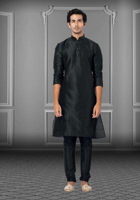 Black Solid Silk Kurta Set For Men