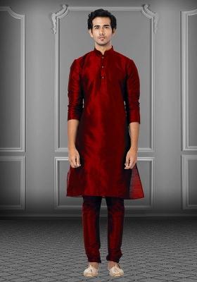 Maroon Solid Silk Kurta Set For Men