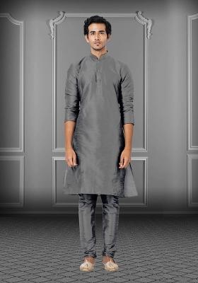 Grey Solid Silk Kurta Set For Men