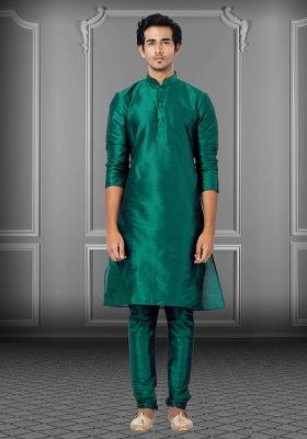 Green Solid Silk Kurta Set For Men