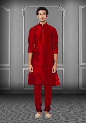 Red Solid Silk Kurta Set For Men