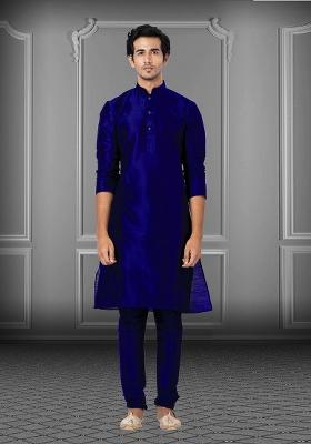 Navy Blue Solid Silk Kurta Set For Men