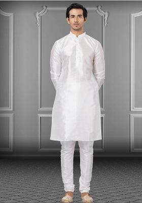 White Solid Silk Kurta Set For Men
