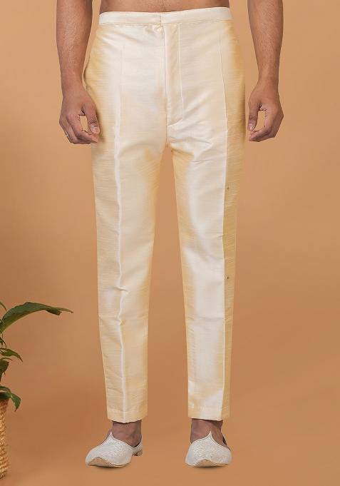 Gold Solid Banarasi Silk Blend Bottom For Men