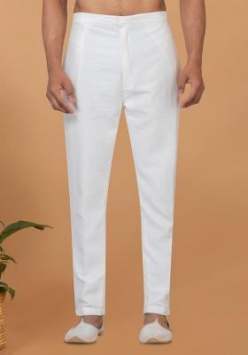 White Solid Banarasi Silk Bottom For Men