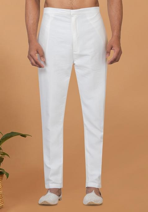 White Solid Banarasi Silk Bottom For Men