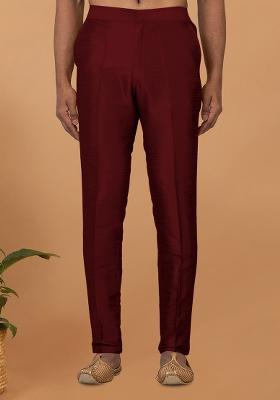 Maroon Solid Banarasi Silk Bottom For Men