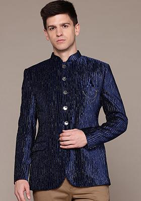 Blue Solid Velvet Bandhgala For Men
