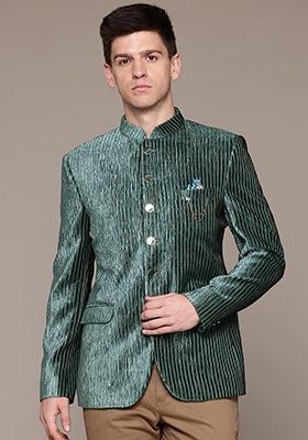 Green Solid Velvet Bandhgala For Men