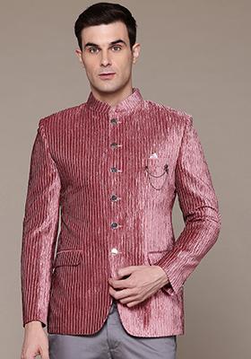 Pink Solid Velvet Bandhgala For Men
