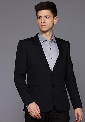 Black Solid Polyester Blazer For Men