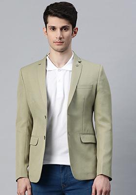 Green Solid Polyester Blazer For Men