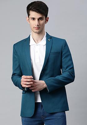 Blue Solid Polyester Blazer For Men