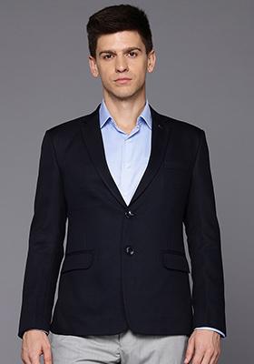 Blue Solid Viscose Blazer For Men