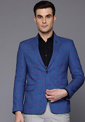 Blue Solid Viscose Blazer For Men