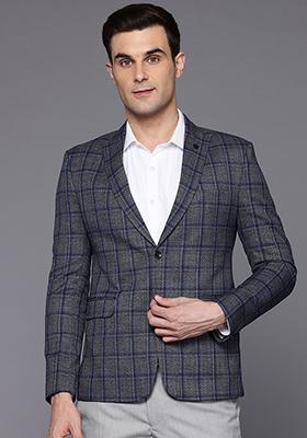 Grey Solid Viscose Blazer For Men