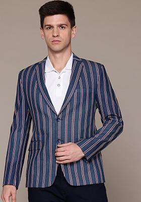 Blue Solid Cotton Blazer For Men