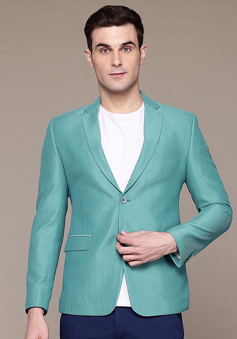 Green Solid Polyester Blazer For Men