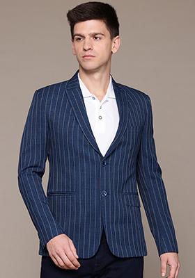 Blue Solid Polycotton Blazer For Men