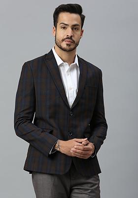 Blue Solid Polyester Blazer For Men