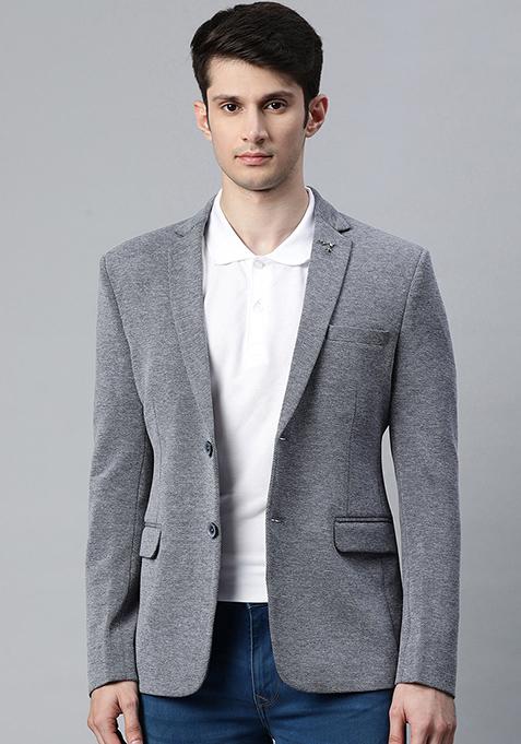 Grey Solid Polyester Blazer For Men