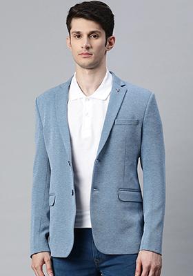 Blue Solid Polyester Blazer For Men