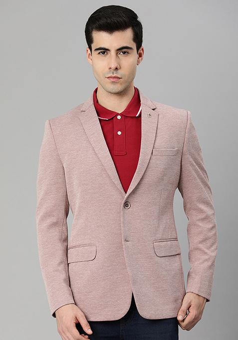 Pink Solid Polyester Blazer For Men