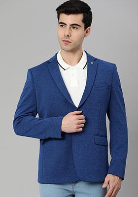 Blue Solid Polyester Blazer For Men