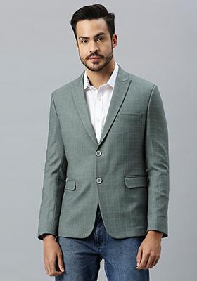Green Solid Polyester Blazer For Men