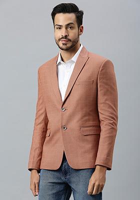 Pink Solid Polyester Blazer For Men