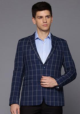 Blue Solid Viscose Blazer For Men