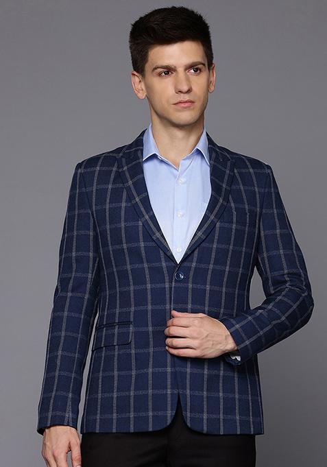 Blue Solid Viscose Blazer For Men