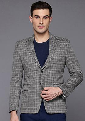 Grey Solid Viscose Blazer For Men