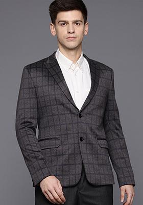 Grey Solid Viscose Blazer For Men