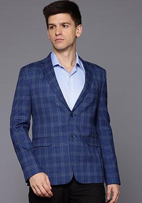 Blue Solid Viscose Blazer For Men