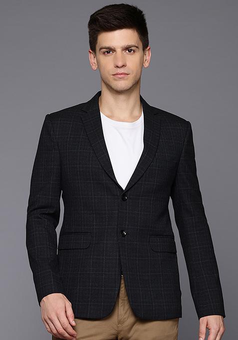 Grey Solid Viscose Blazer For Men