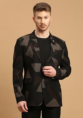 Black Solid Polyester Blazer For Men