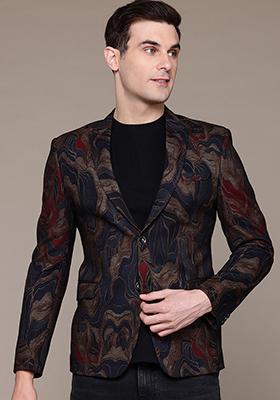 Blue Solid Polyester Blazer For Men