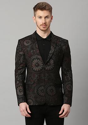 Black Solid Polyester Blazer For Men