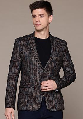 Brown Solid Polyester Blazer For Men