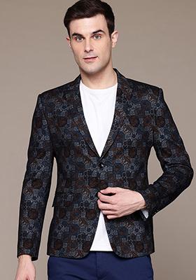 Blue Solid Polyester Blazer For Men