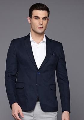Blue Solid Viscose Blazer For Men